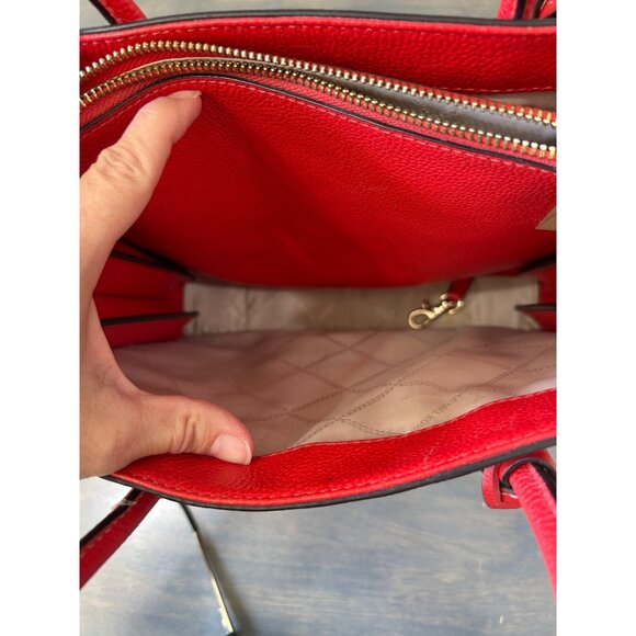 Michael Kors Mercer Red Coral Tan Leather Straw Purse Hand Bag Accordion - Picture 9 of 14